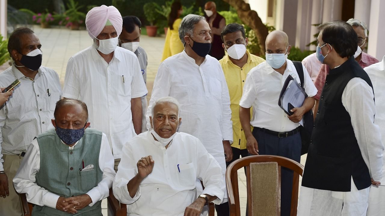 TMC leader Yashwant Sinha (C) with NCP leader Majid Memom and other leaders, addresses media after a meeting at Sharad Pawar's residence, in New Delhi. Credit: PTI Photo
