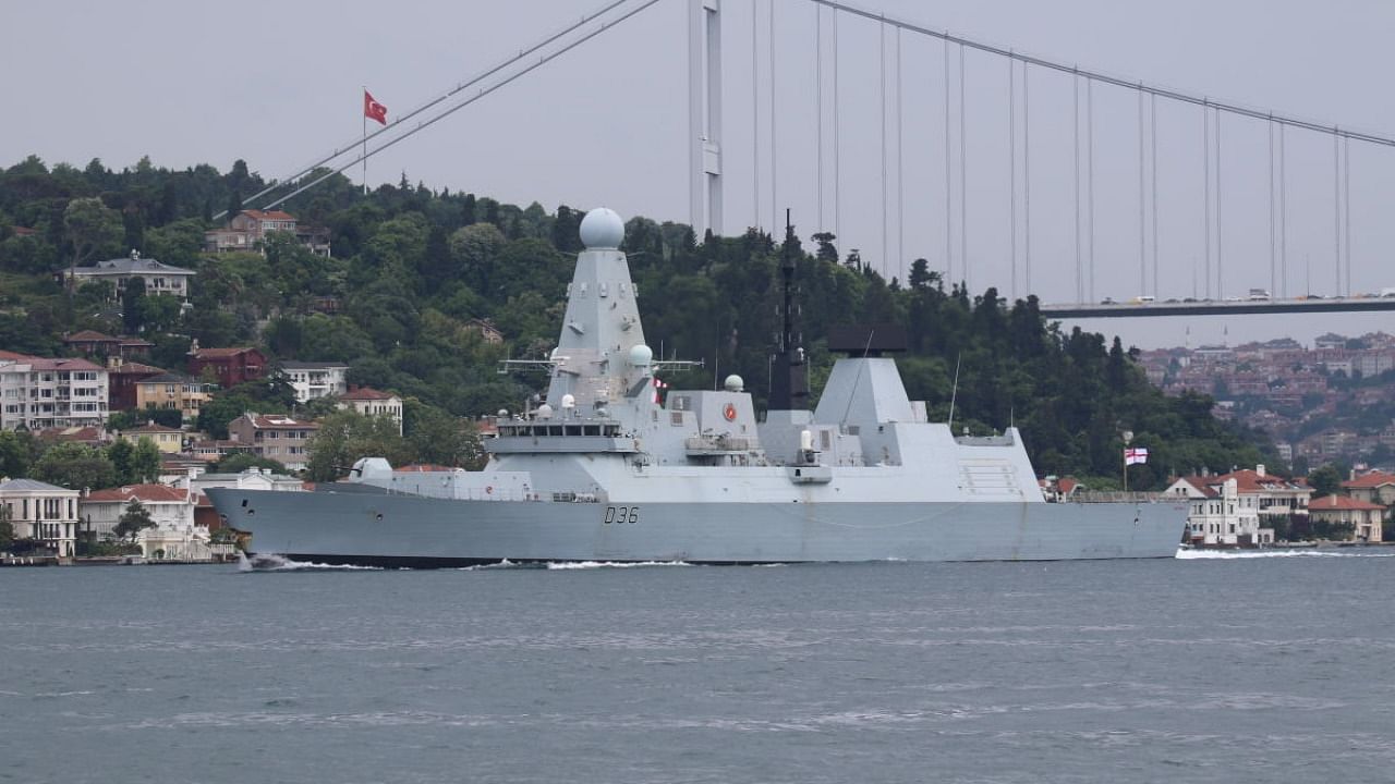 Royal Navy's Type 45 destroyer HMS Defender sets sail in the Bosphorus, on its way to the Black Sea, in Istanbul, Turkey June 14, 2021. Credit: Reuters Photo
