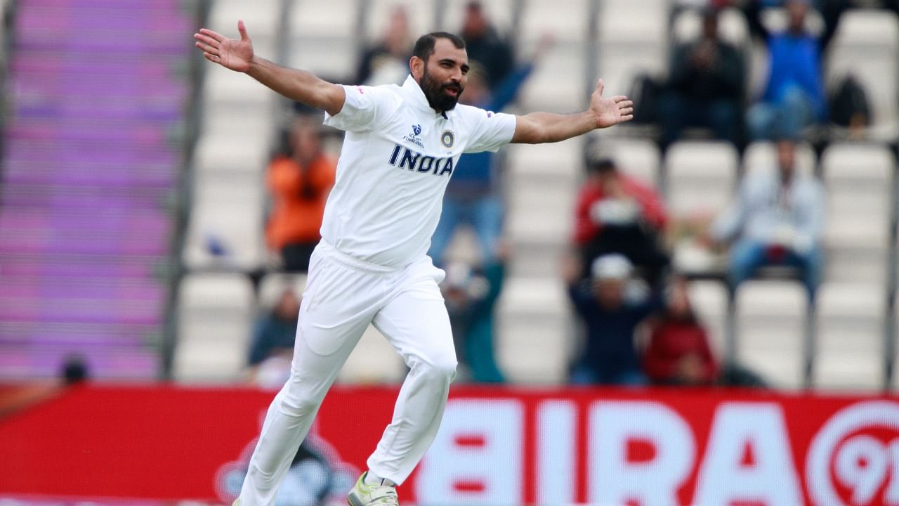 Mohammed Shami celebrates the dismissal of New Zealand's BJ Watling during the fifth day of the World Test Championship final cricket match between New Zealand and India, at the Rose Bowl in Southampton. Credit: AP/PTI Photo