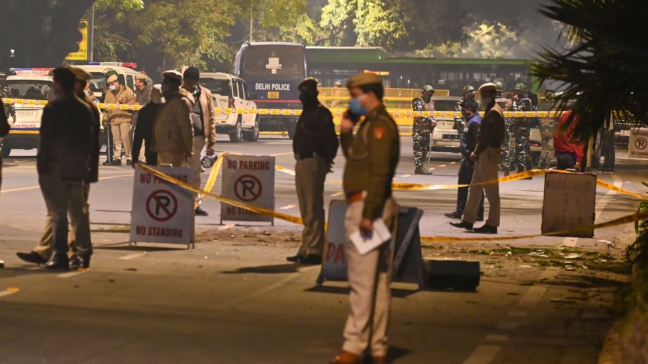 Police cordon off an area at a street after an explosion near the Israeli embassy in New Delhi on January 29, 2021. Credit: AFP File Photo