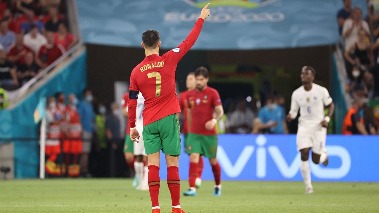 Portugal's forward Cristiano Ronaldo gestures during the UEFA EURO 2020 Group F football match between Portugal and France at Puskas Arena in Budapest. Credit: AFP Photo