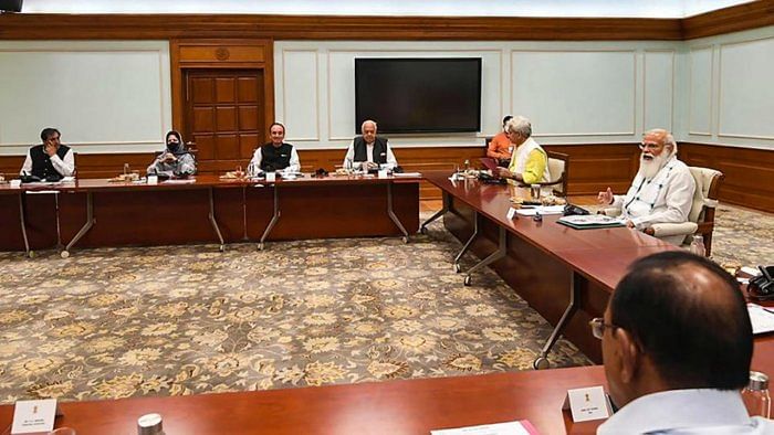 Prime Minister Narendra Modi during an all-party meeting with various political leaders from Jammu and Kashmir, in Delhi, Thursday, June 24, 2021. Credit: PTI Photo