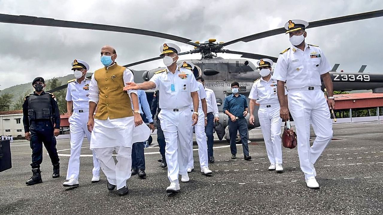 The Defence Minister was accompanied by Chief of Naval Staff, Admiral Karambir Singh. Credit: PTI File Photo