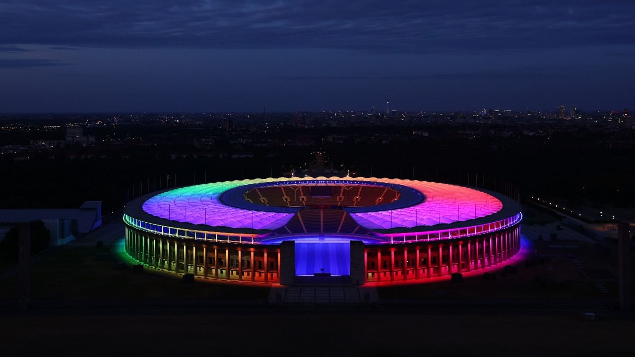 The Olympiastadion is illuminated in rainbow colours during the Euro 2020 Germany v Hungary match. Credit: Reuters photo