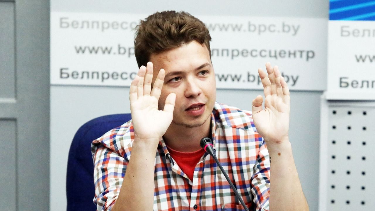 Belarus activist Roman Protasevich, 26, takes part in a briefing for journalists and diplomats organised by the Ministry of Foreign Affairs of Belarus in Minsk on June 14, 2021. Credit: AFP Photo
