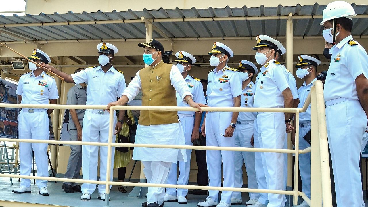 Karwar Defence Minister Rajnath Singh reviews development work at Karwar Naval Base under ‘Project Seabird.’ Credit: PTI Photo