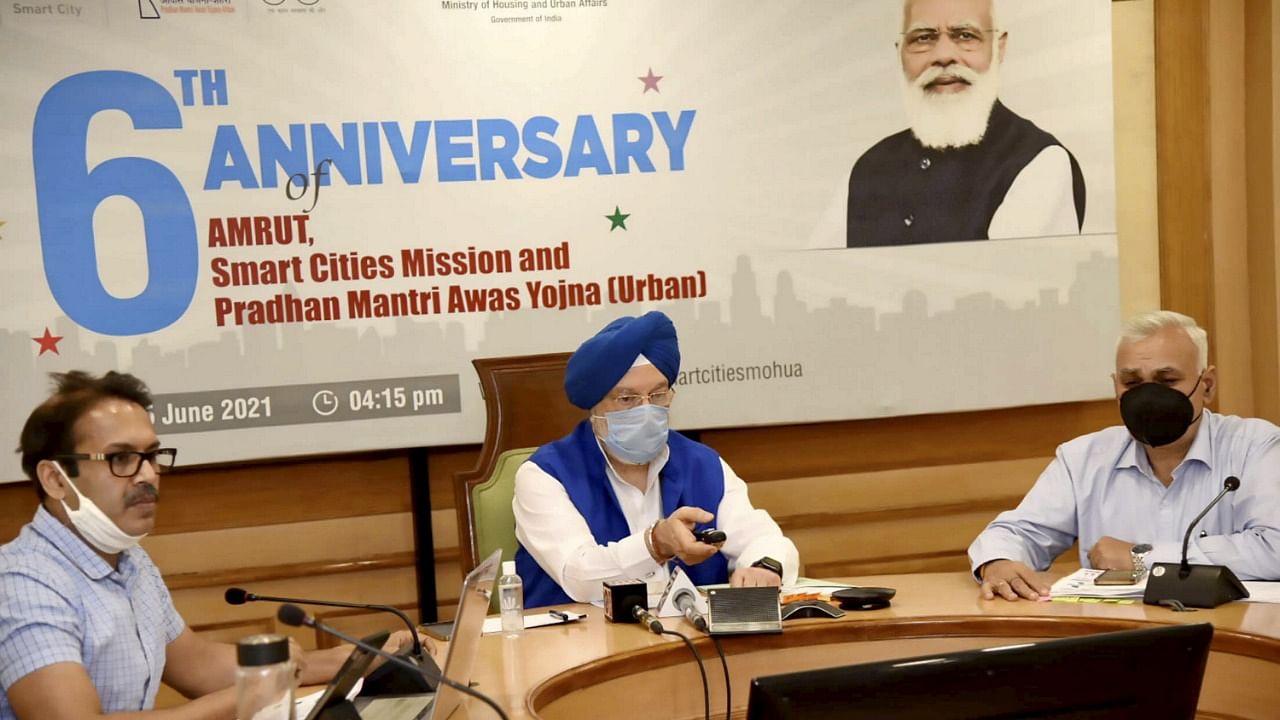 Hardeep Singh Puri during a virtual event to commemorate 6 years of the launch of Smart Cities Mission. Credit: PTI Photo