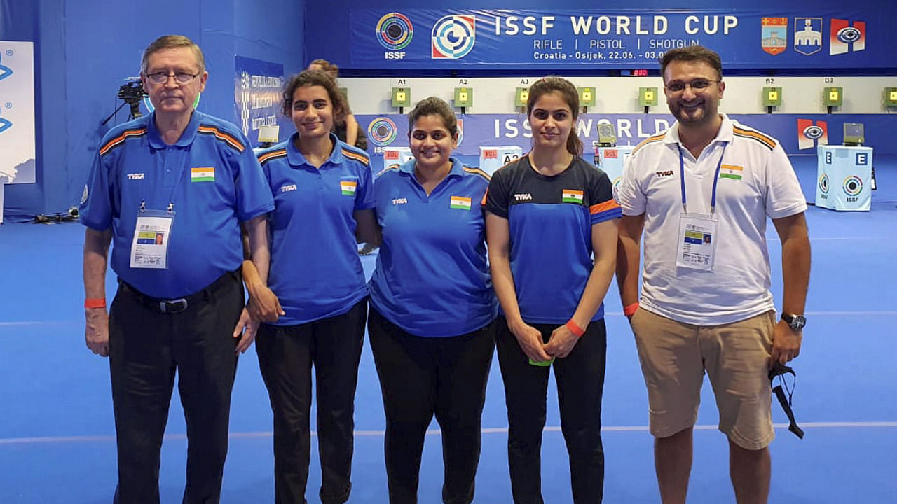  Indian Women’s 10M Air Pistol team poses after winning bronze medal at International Shooting Sport Federation (ISSF) World Cup, in Osijek. Credit: PTI Photo