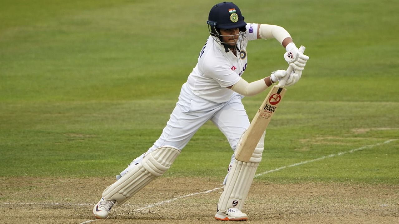India's Shafali Verma in action during day three of the Women's International Test match between England and India at the Bristol County Ground in Bristol, England, Friday, June 18, 2021. Credit: AP Photo
