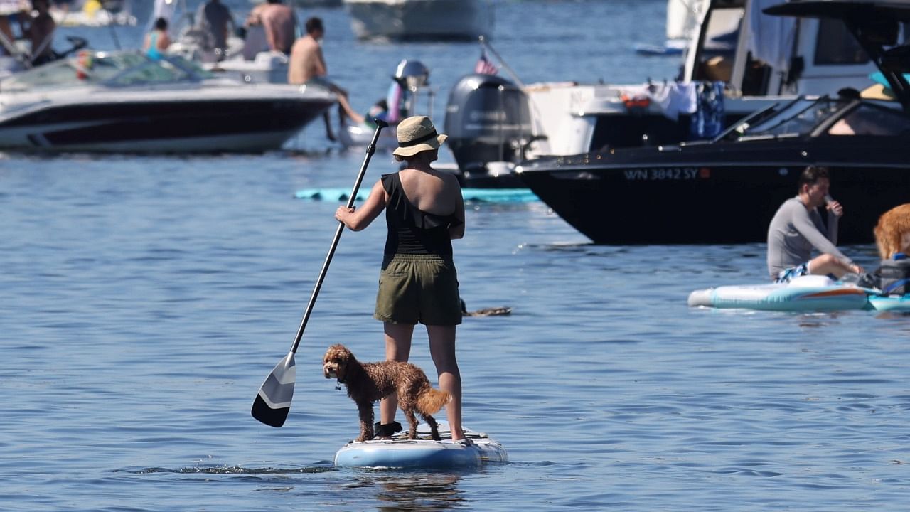 A women and her dog are seen on a paddleboard in Seward Park during a heat wave in Seattle, Washington, US. Credit: Reuters Photo