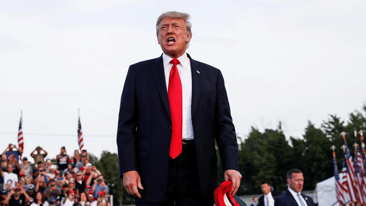 Former US President Donald Trump reacts during his first post-presidency campaign rally at the Lorain County Fairgrounds in Wellington. Credit: Reuters Photo
