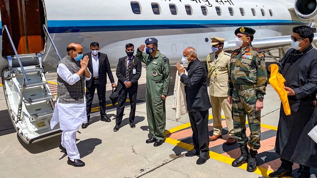 Defence Minister Rajnath Singh arrives in Ladakh. Credit: PTI Photo