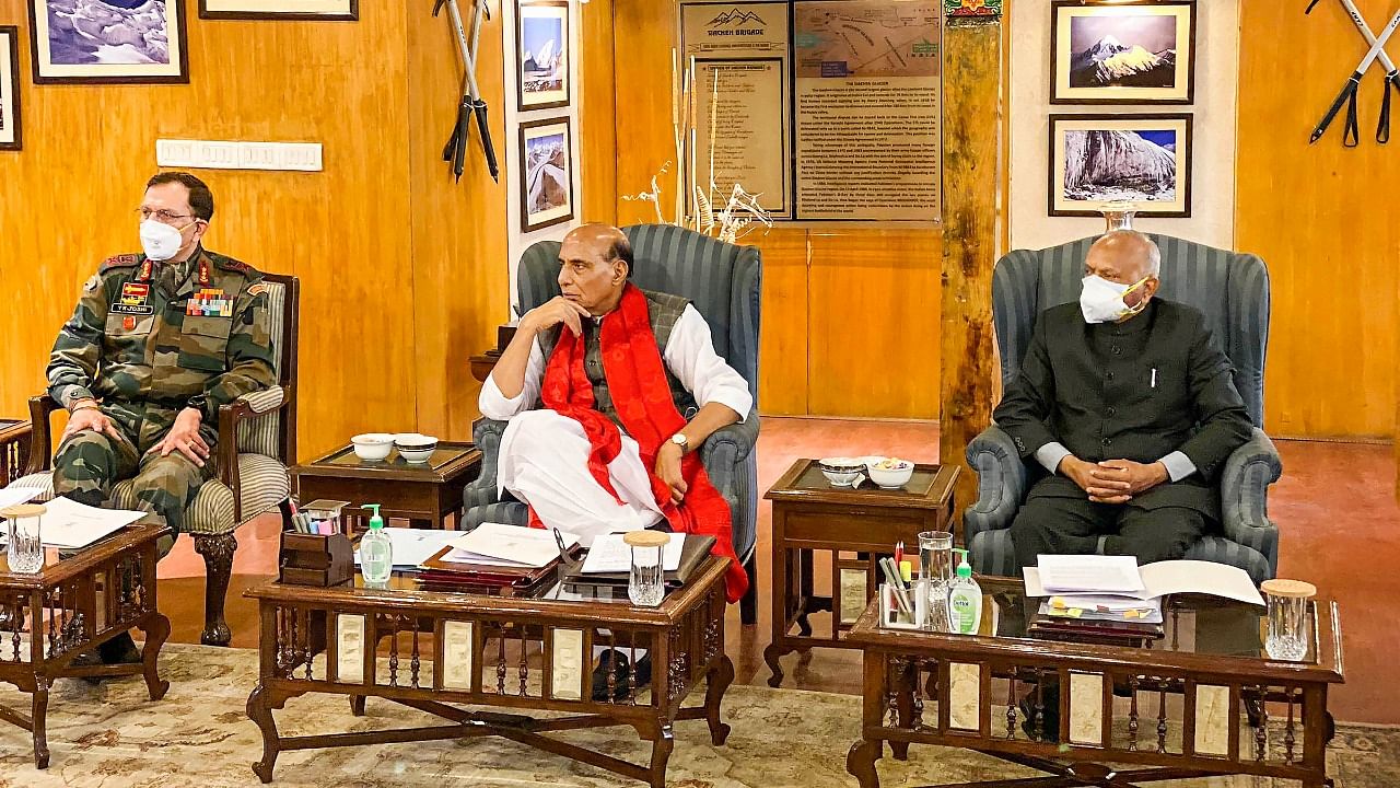 Defence Minister Rajnath Singh meets the elected representatives of LAHDCs, Kargil, Leh and State Government officials in Leh. Credit: PTI Photo 