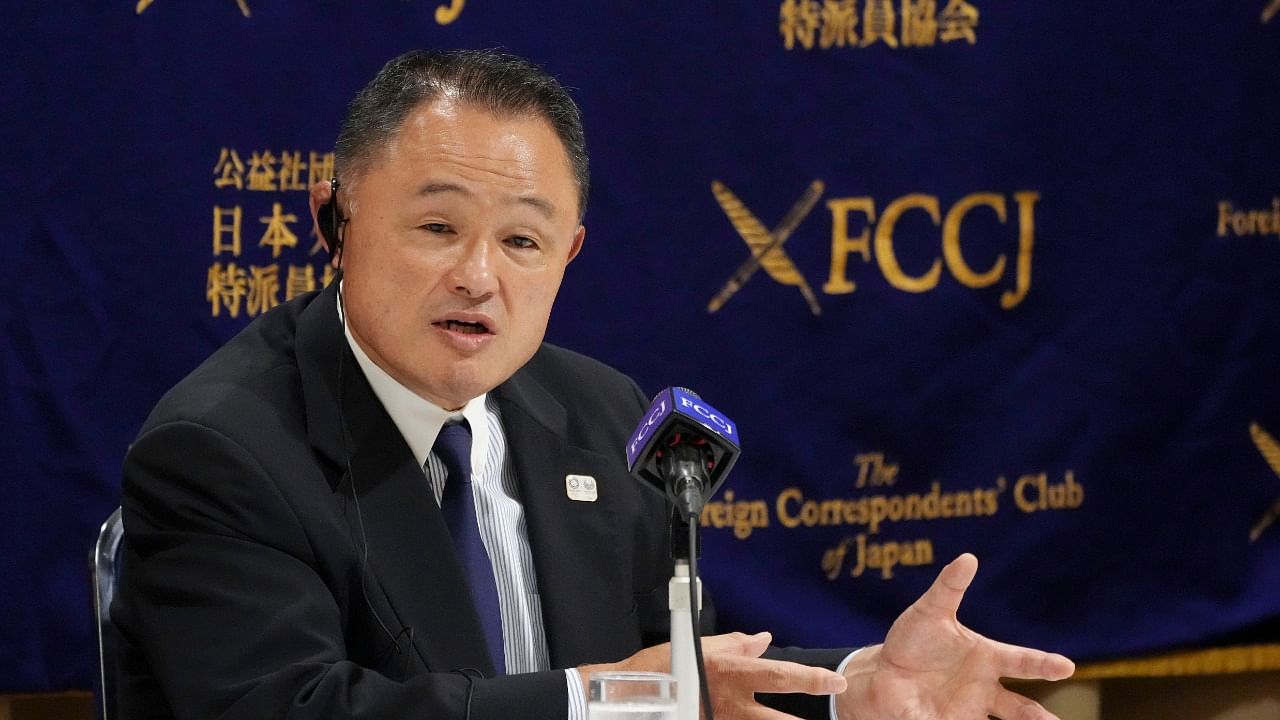 Yasuhiro Yamashita, President of the Japanese Olympic Committee, speaks during a press conference. Credit: AP