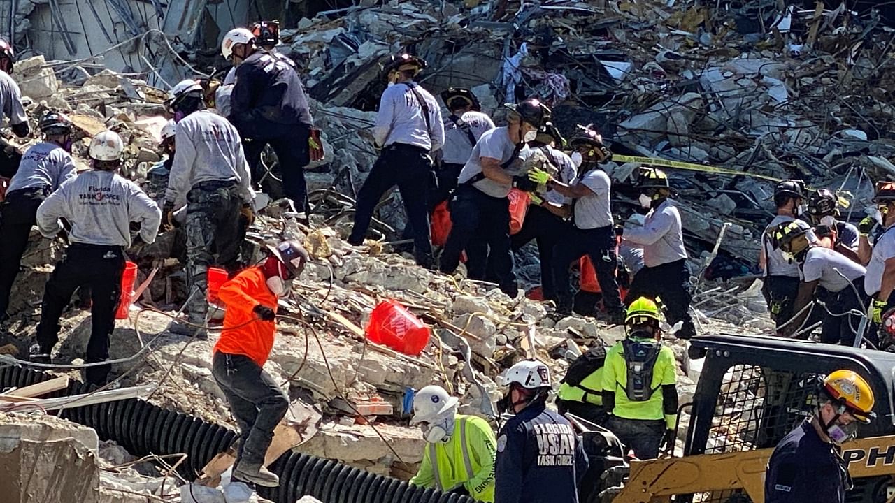 Rescue personnel work at the scene of the partially collapsed Champlain South Towers condominium in Surfside, near Miami Beach, Florida. Credit: Florida Task Force