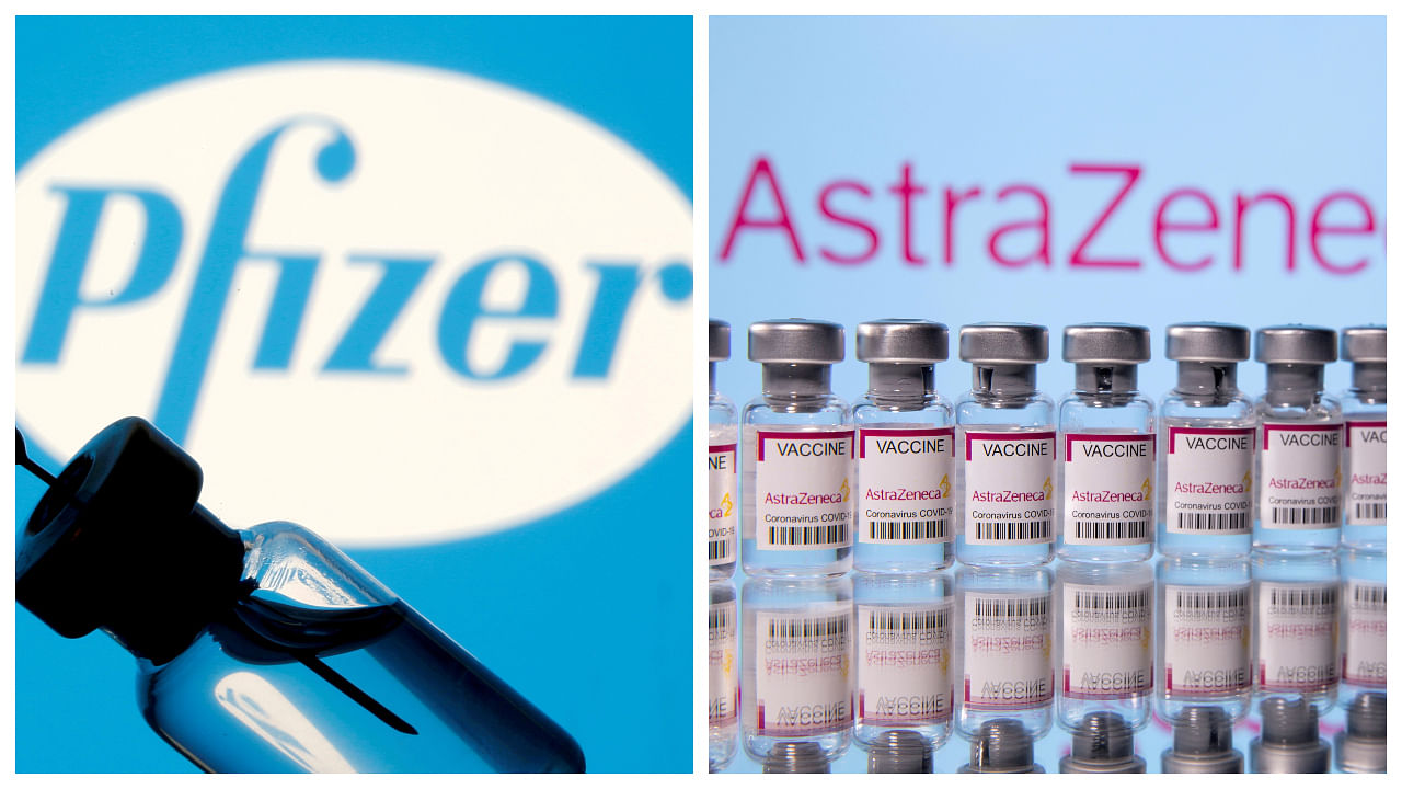 Pfizer and Astrazeneca logos. Credit: Reuters Photos