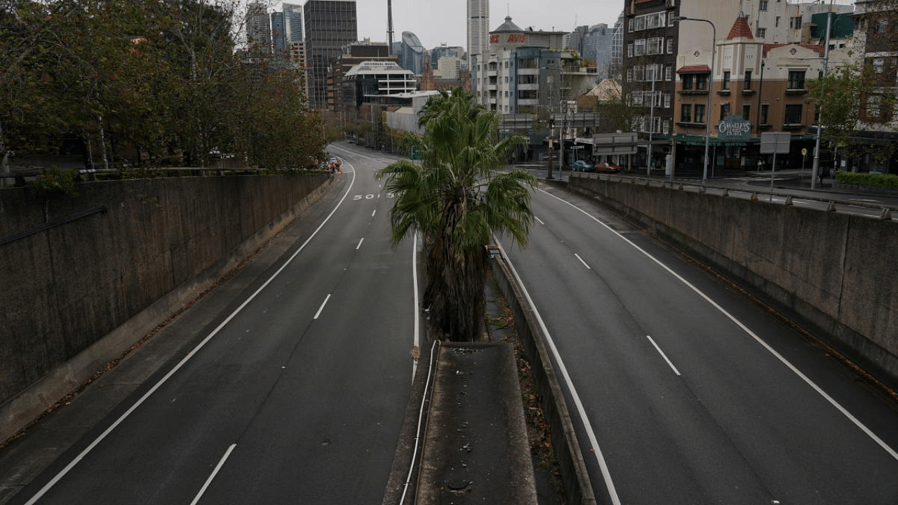 A usually busy thoroughfare in the city centre is seen devoid of cars during a lockdown to curb the spread of a coronavirus outbreak in Sydney. Credit: Reuters Photo