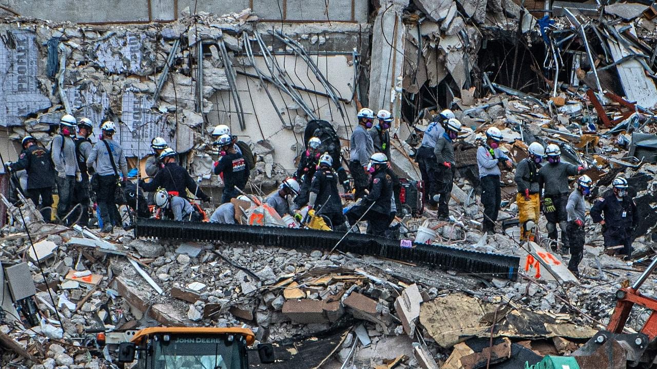 Search and Rescue teams look for possible survivors in the partially collapsed 12-story Champlain Towers South condo building on June 30, 2021 in Surfside, Florida. Credit: AFP Photo