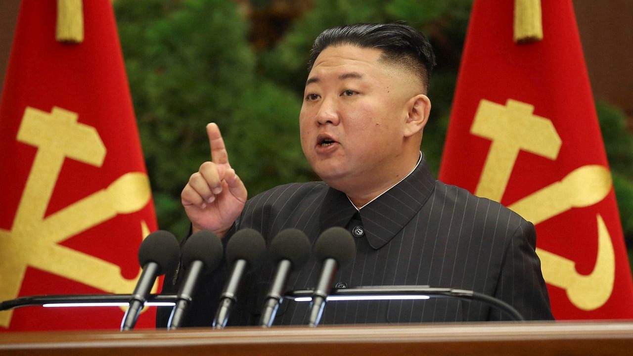 North Korean leader Kim Jong Un speaks during a Politburo meeting of the ruling Workers Party in Pyongyang. Credit: AP/PTI Photo