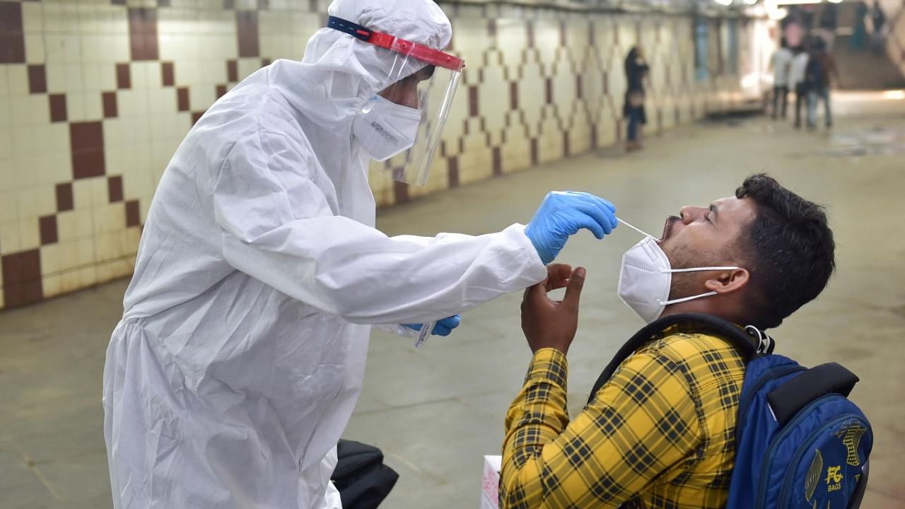  A medic collects swab sample from a person for Covid-19 testing in Bengaluru. Credit: PTI Photo