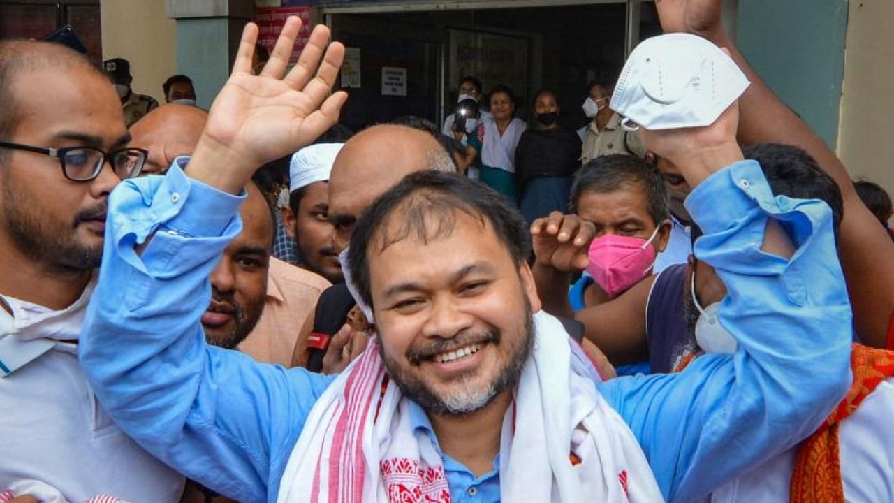 MLA from Sibsagar and RTI activist, Akhil Gogoi after a special National Investigation Agency (NIA) court discharged him from the remaining case, in Guwahati. Credit: PTI Photo