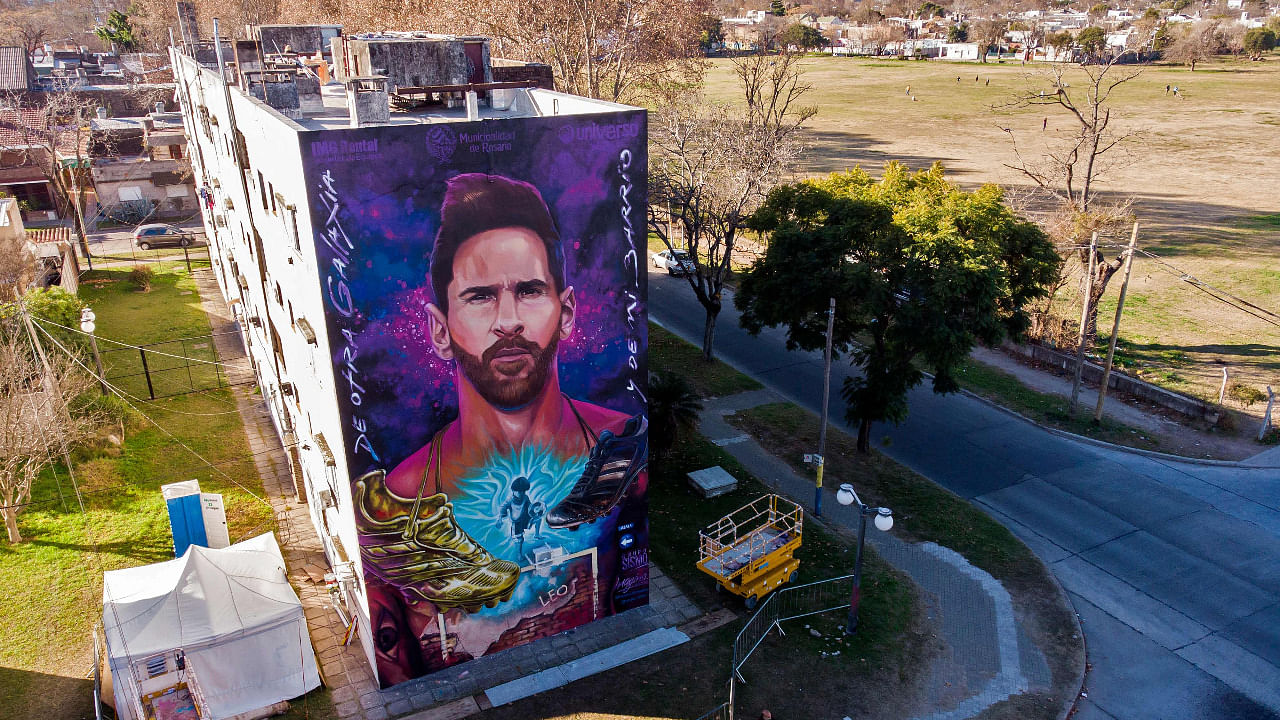 Aerial view of a giant mural depicting Argentinian football star Lionel Messi upon its unveiling in Rosario, Santa Fe, Argentina. Credit: AFP Photo