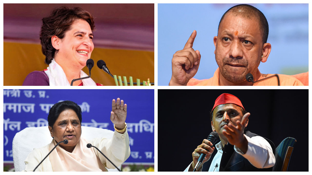 (Clockwise) Priyanka Gandhi Vadra, Yogi Adityanath, Akhilesh Yadav and Mayawati. Credit: Agency images