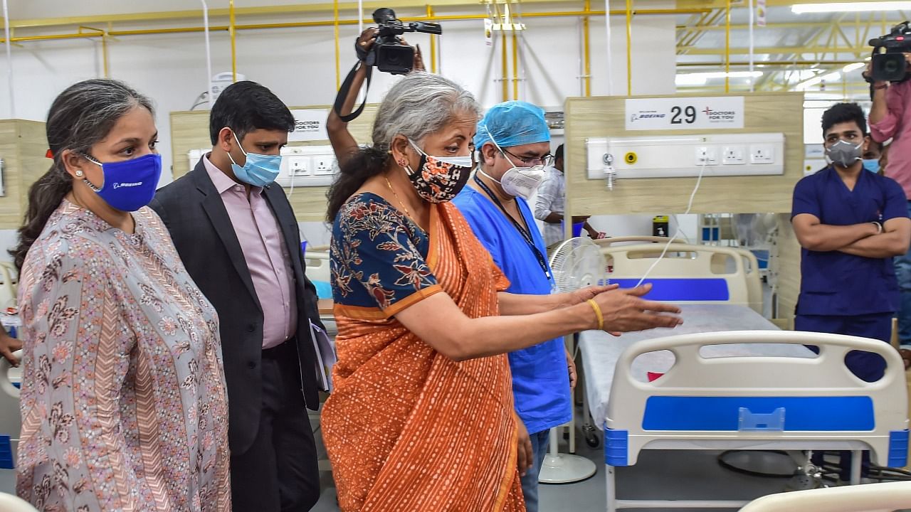 Union Finance Minister Nirmala Sitharaman visits a 100-bed Covid Care facility inside the campus of Karnataka Power Corporation Limited (KPCL), at Yelahanka in Bengaluru, Thursday, July 1, 2021. Credit: PTI Photo