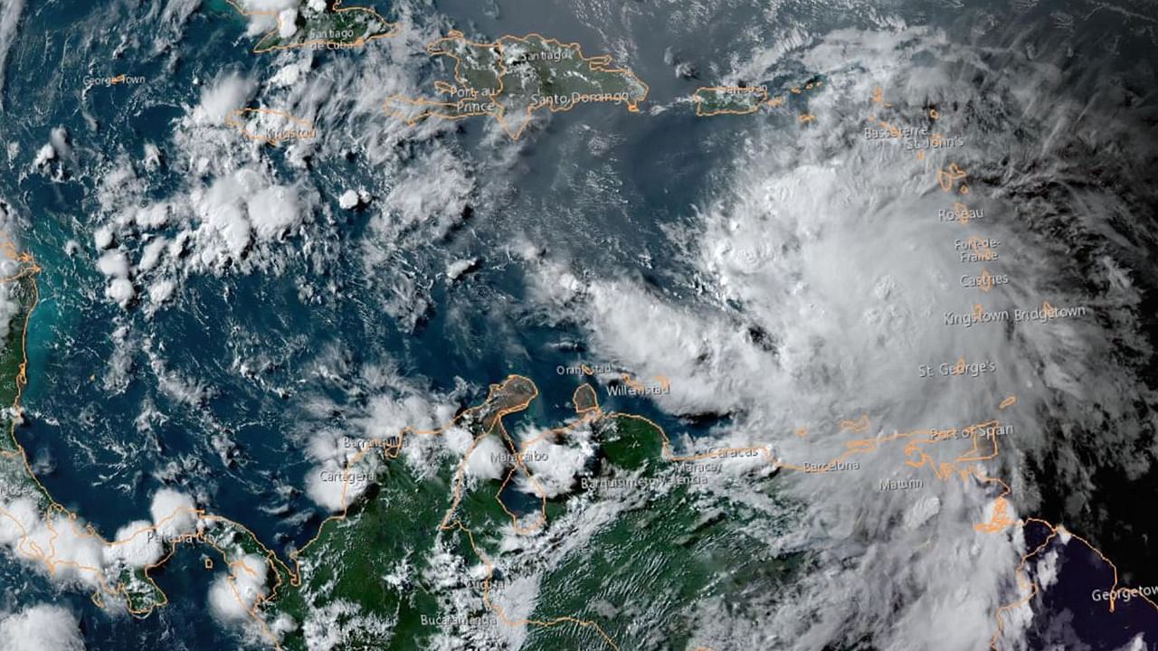 This National Oceanic and Atmospheric Administration (NOAA) satellite image taken on July 2, 2021 shows hurricane Elsa moving northwest near St Vincent and the Grenadines in the eastern Caribbean. Credit: AFP Photo