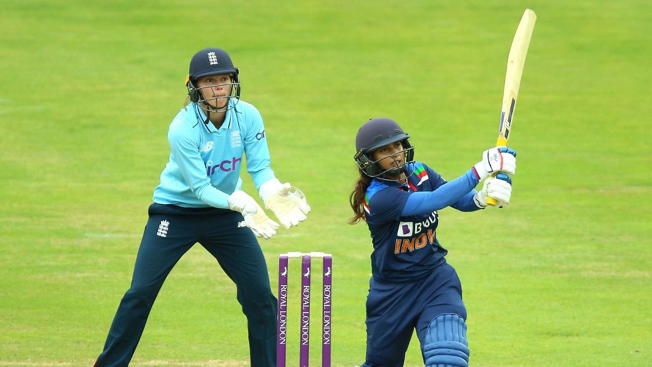 India's Mithali Raj reaches a half century during the match against England, during the Women's One-Day International match at the Bristol County Ground, Bristol, England, Sunday June 27, 2021. Credit: AP/PTI Photo