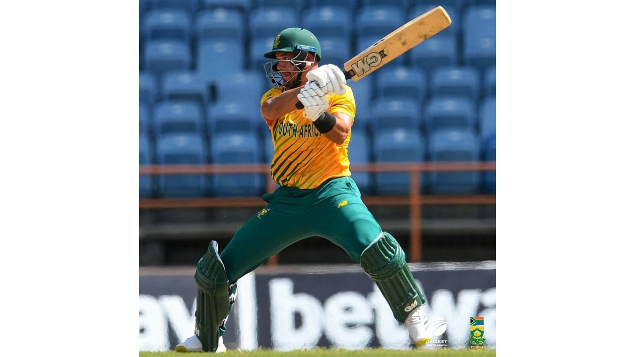 Aiden Markham during South Africa's 25-run win over West Indies in the 5th T20 International. Credit: Twitter/@OfficialCSA