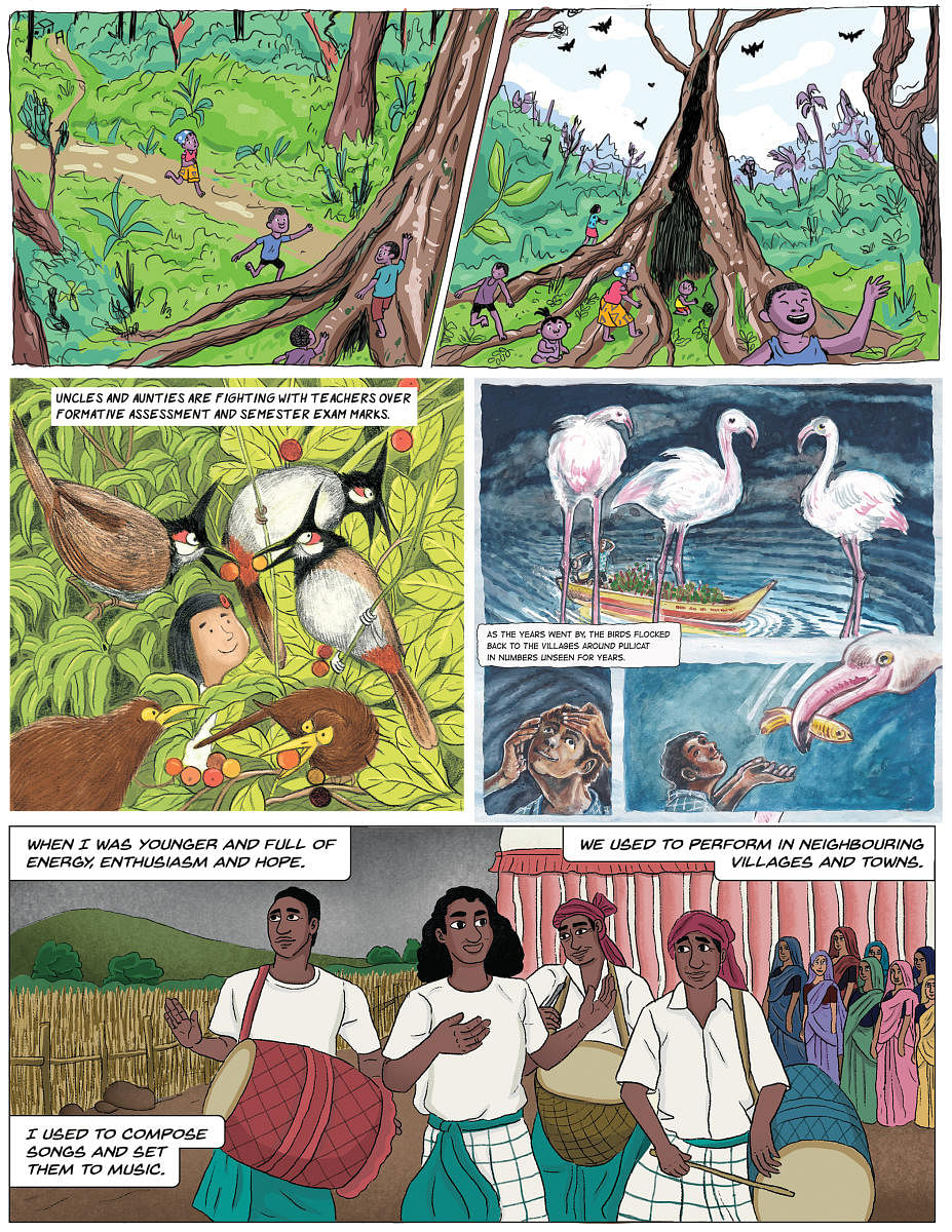 A collage of panels from the second edition on ecological issues.