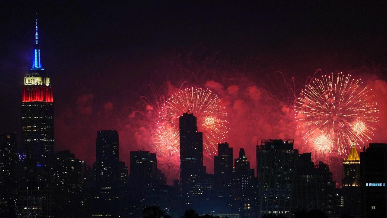 Fireworks explode over the New York City skyline during Macy's 4th of July fireworks display. Credit: AP Photo