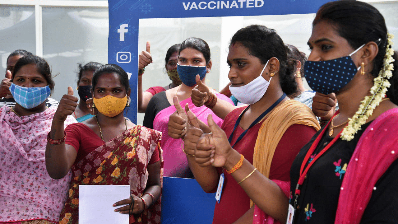 A transgender member receives a shot of Russian made Sputnik V vaccine against Covid-19 as a part of Pride Month during a vaccination drive at Manipal Hospital, Bengaluru. Credit: DH Photo/Pushkar V