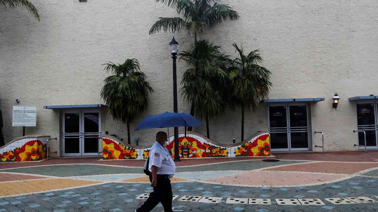 A man walks with an umbrella ahead of Tropical Storm Elsa in the Little Havana neighborhood of Miami, Florida. Credit: Reuters Photo