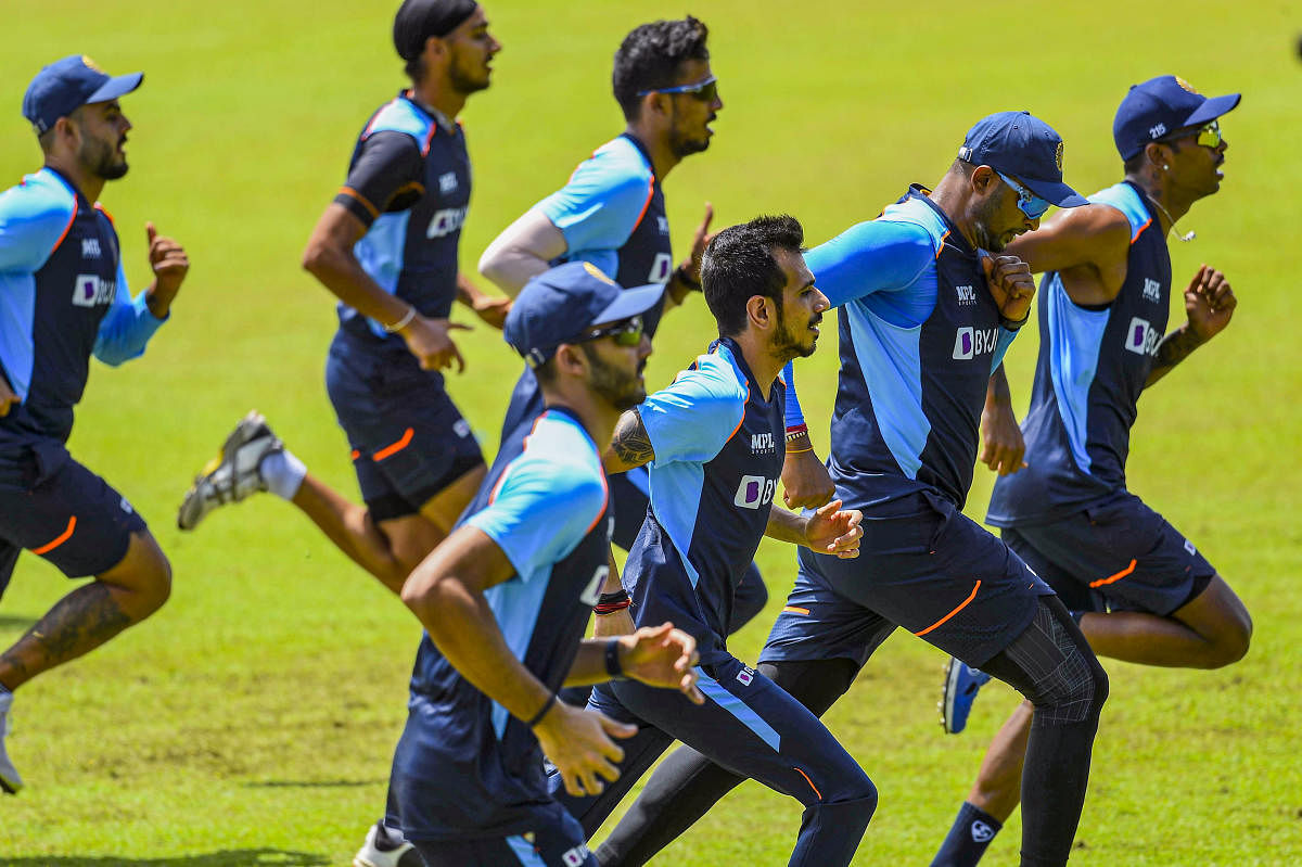 Indian cricket team players in their first training session in Sri Lanka. Credit: PTI Photo