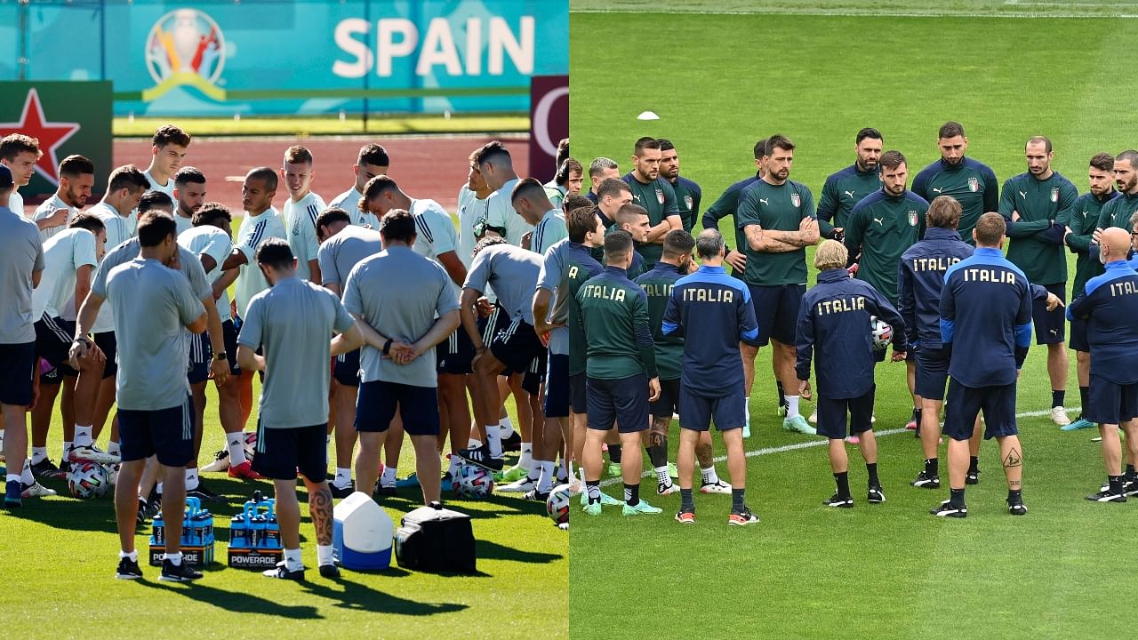 Spanish and Italian Football teams training before their semi-final match. Credit: Reuters/AFP Photo