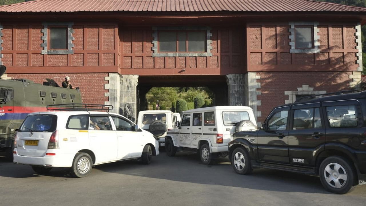 Leaders of different political parties arrive to meet with members of Delimitation Commission, in Srinagar, Tuesday, July 6, 2021. Credit: PTI Photo