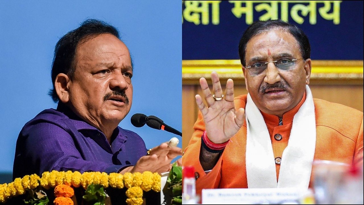 Ramesh Pokhriyal Nishank and Harsh Vardhan. Credit: PTI/AFP File Photo