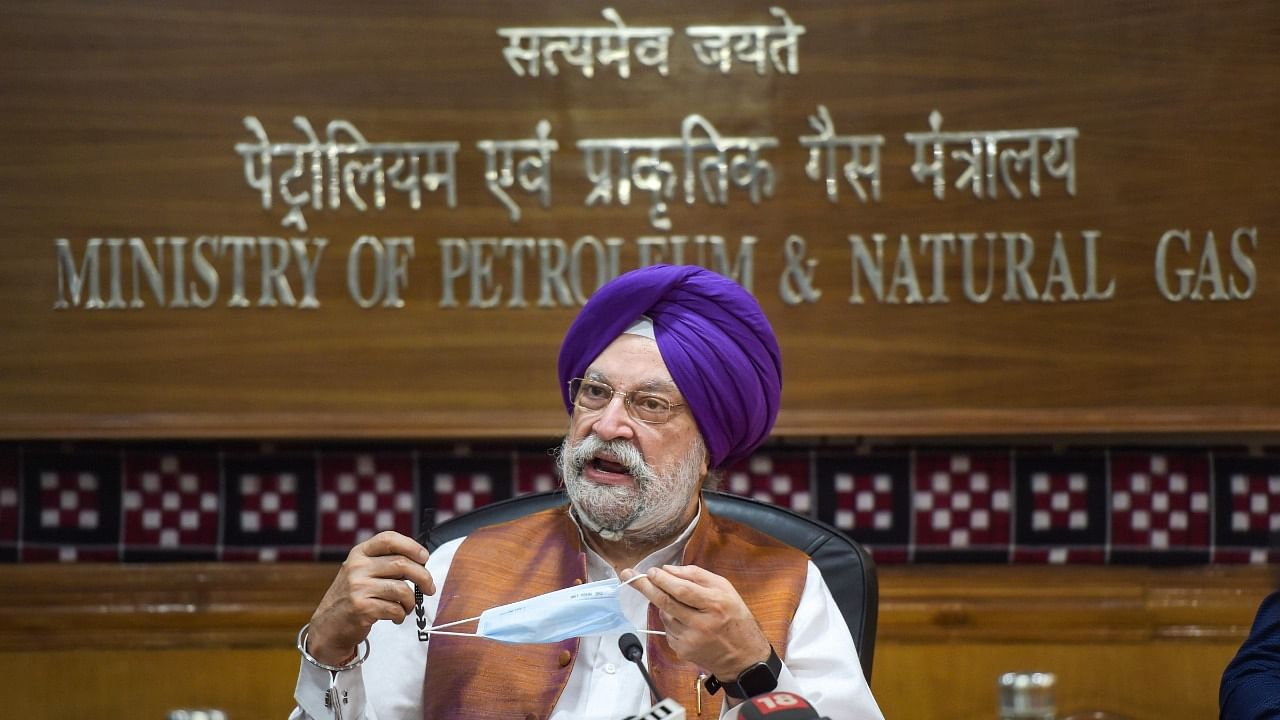 Union Petroleum Minister Hardeep Singh Puri addresses a press conference after assuming office, in Delhi, Thursday, July 8, 2021. Credit: PTI Photo