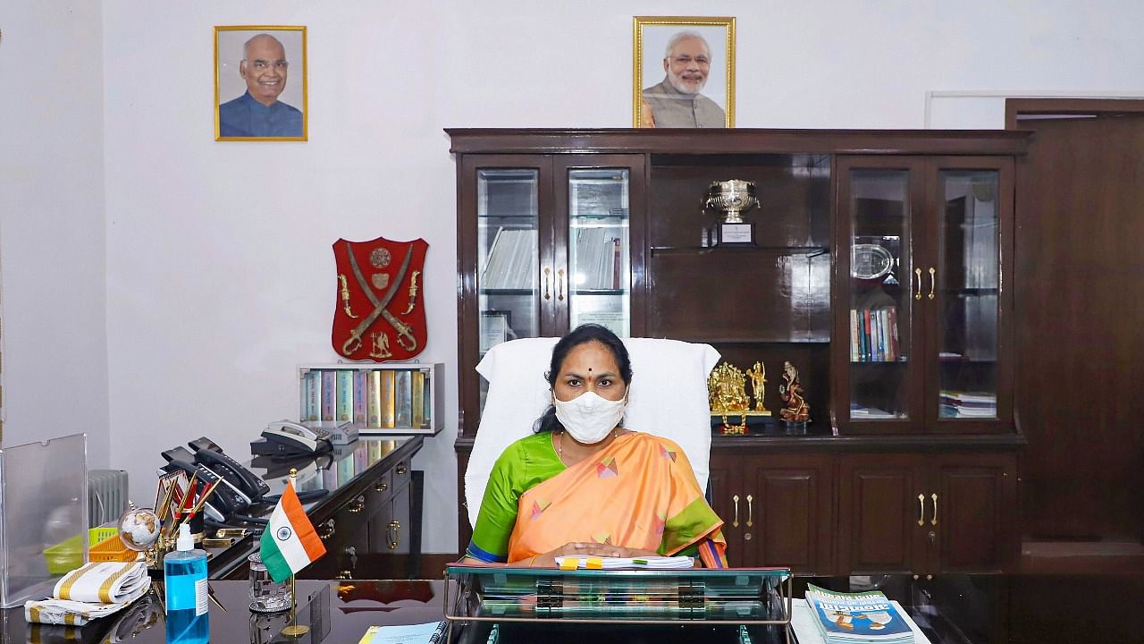 Shobha Karandlaje takes charge as Minister of State for Agriculture and Farmers Welfare, in New Delhi. Credit: PTI Photo