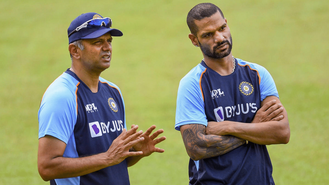 Indian cricket team head coach Rahul Dravid with Shikhar Dhawan during the team's training session in Sri Lanka. Credit: PTI File Photo