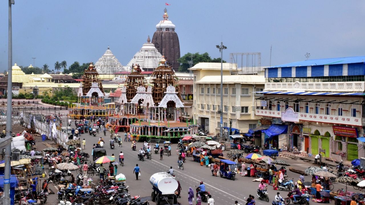 Chariots of Lord Jagannath, Balabhadra and Devi Subhadra near completion ahead of the annual Rath Yatra festival, at Grand Road in Puri, July 5, 2021. Credit: PTI Photo