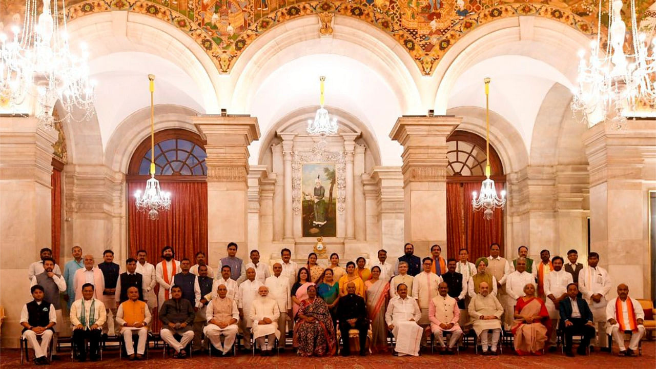 President Ram Nath Kovind, Prime Minister Narendra Modi and others in a group photo with the new Council of Ministers. Credit: PTI Photo