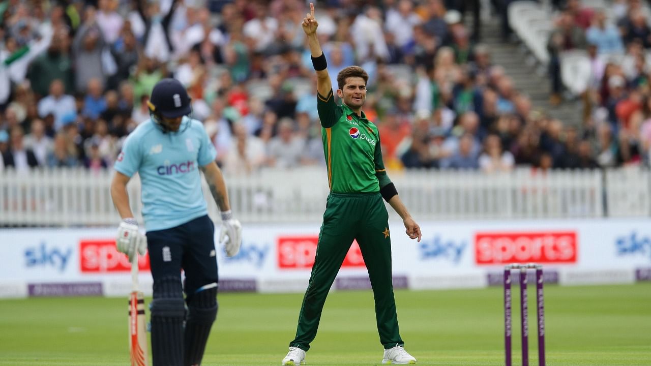Pakistan's Shaheen Shah Afridi celebrates taking the wicket of England's Zak Crawley. Credit: Reuters photo