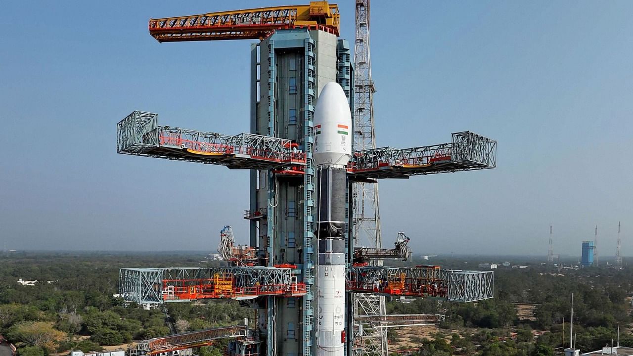 Indian Space Research Organisation’s (ISRO) latest Geo Imaging Satellite-1, an earth observation satellite on-board GSLV-F10 is seen on a launch pad, in Sriharikota. Credit: PTI File Photo