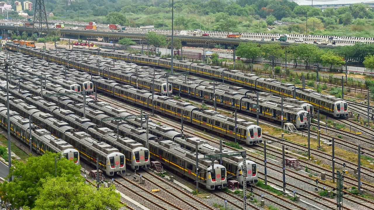 Metro trains parked at Timarpur Yard. Credit: PTI File Photo