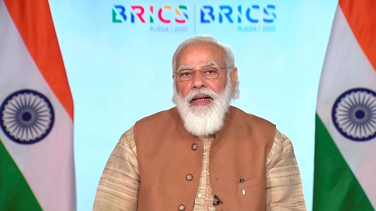 Prime Minister Narendra Modi addresses during the BRICS summit, via video conferencing, in New Delhi, Tuesday, November 17, 2020. Credit: PTI File Photo