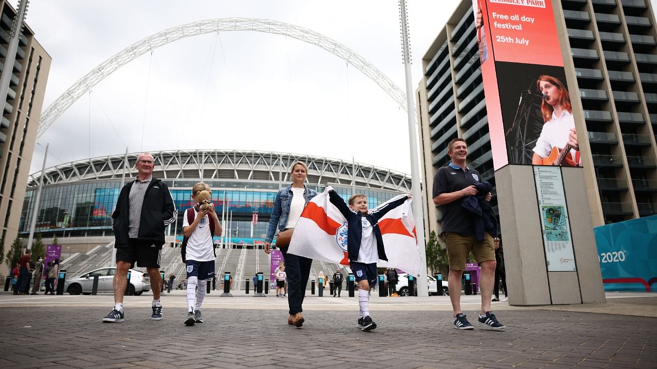 England fans outside Wembley stadium ahead of the Euro 2020. Credit: Reuters Photo