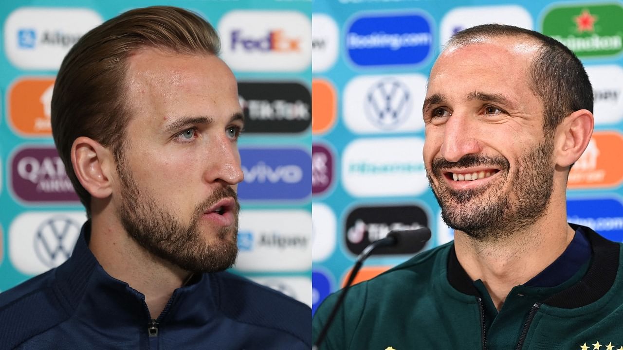 England skipper Harry Kane and Italy captain Giorgio Chiellini during a press conference ahead of the Euro 2020 final. Credit: AFP Photos